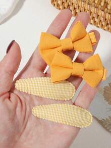 4pcs Macaron Solid Color Bow & Plaid Water Drop Clips, INS Style Side Bang Hair Accessories For Girls - Mixed color - View 10
