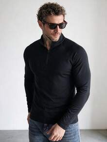 Men's Black Half-Zip T-Shirt, Raglan Sleeve, Autumn/Winter Layering, Commute Casual, 1/4 Zip Stand Collar, Solid Color Base Layer - Black - View 1
