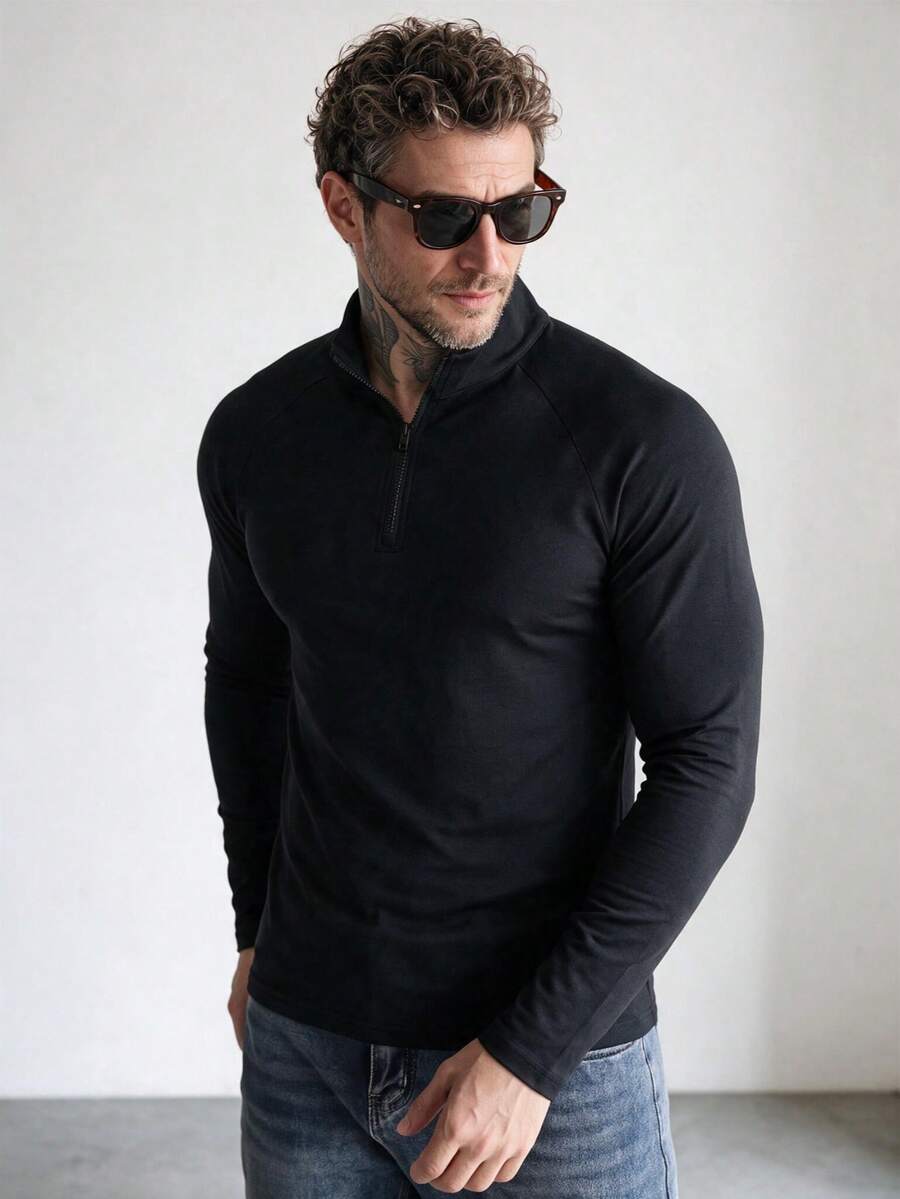 Men's Black Half-Zip T-Shirt, Raglan Sleeve, Autumn/Winter Layering, Commute Casual, 1/4 Zip Stand Collar, Solid Color Base Layer - Black - View 1