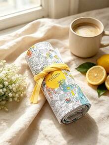L'Occitane Colorful Town Print Roll-Up Makeup Bag Drawstring Fabric Cosmetic Storage Pouch Multi-Compartment Travel Toiletry Bag Portable Beauty Organizer Women Holiday Birthday Gift LOCCITANE-GIFT-73 - White + Yellow + Blue - View 9