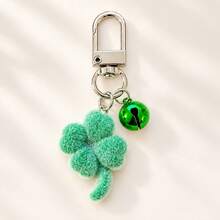 1pc/2pcs Women's New Flocked Unique Four-Leaf Clover Shaped Keychain Exquisite Bell Accessory Lucky Clover Friend Gift Fashion Bag Charm - Green - View 4