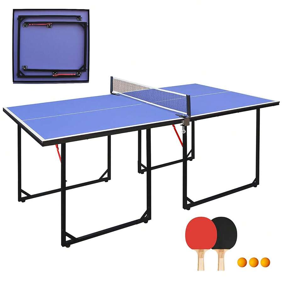 Foldable Table Tennis Table,Indoor & Outdoor Portable Ping Pong Table, Multifunctional Ping Pong Table Set, Includes Net, 2 Table Tennis Bats & 3 Balls - Blue - View 1