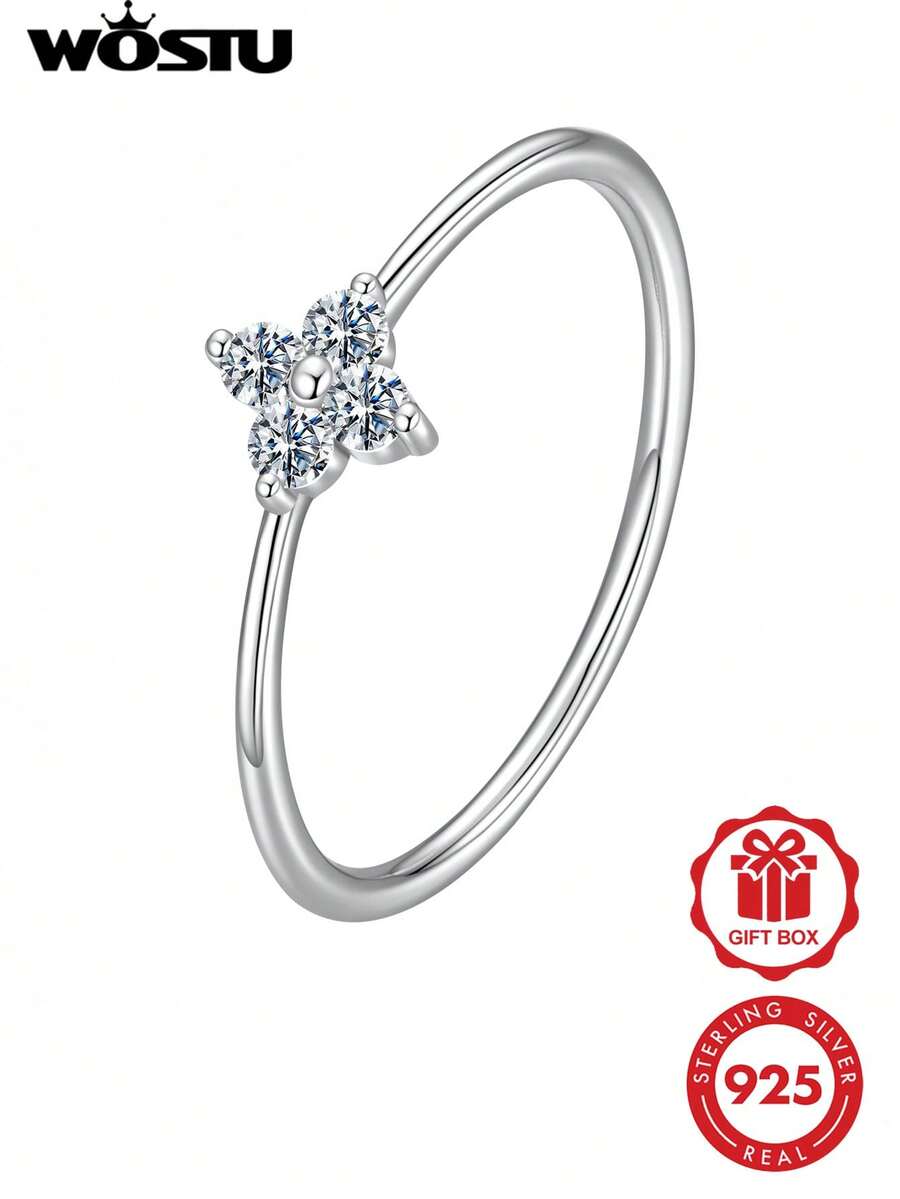 WOSTU 925 Sterling Silver Four Leaf Clover Ring Moissanite Minimalist Stackable For Women Wedding Anniversary Party Gift For Her Adjustable Nickel Free 1PC