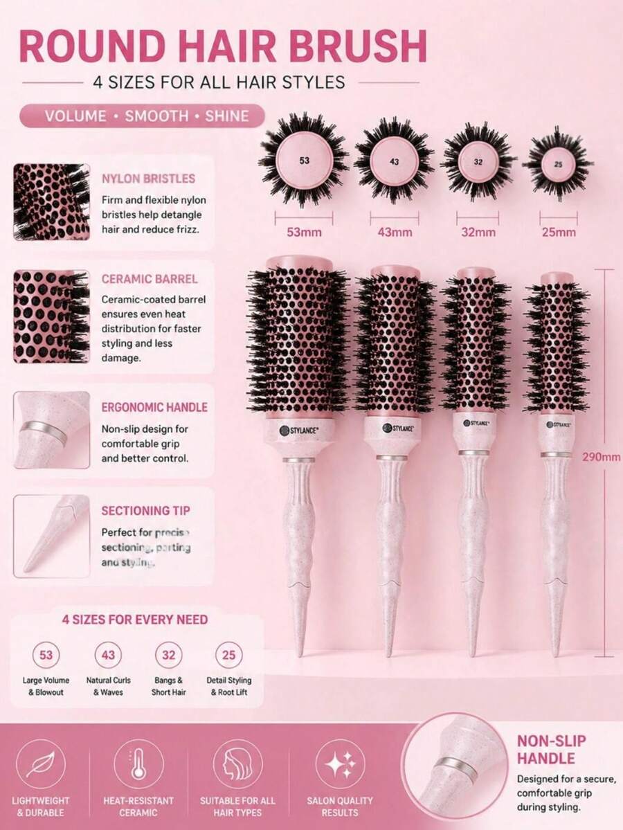 Stylance Salon Professional Nano-Technology Negative Ion Ceramic Spray Painted Aluminum Tube Nylon Bristle & Boar Bristle Tapered Handle Round Brush - Pink - View 1