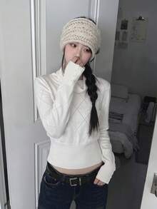 Autumn/Winter New Ruched Cowl Neck Diamond Pattern Knit Waist-Cinching Slimming Inner Layer Cropped Top - White - View 2