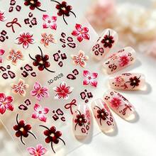 Fall Autumn 5D Embossed Nail Decals 1 Sheet Retro Burgundy Floral Leopard Print Bow Pattern Self‑Adhesive Nail Stickers Chic Vintage Flower Animal Element Manicure Supplies For Fall Nails - Multicolor - View 7