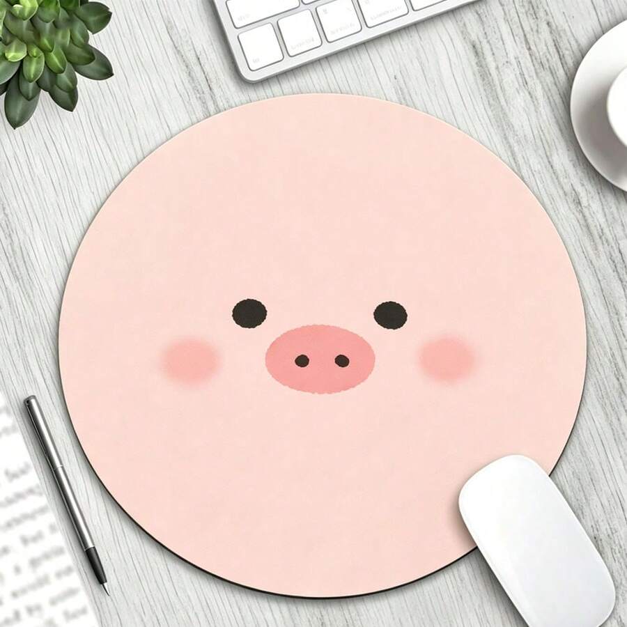1pc Round Pig Print Mouse Pad Round Office Desk Mouse Pad With Non-Slip Rubber Base, Compact Mini Travel Mouse Pad Suitable For Work Wireless Computer Laptop, Office Desk Accessory - View 1
