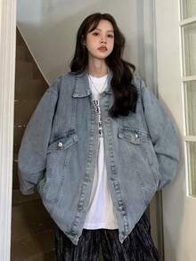 女款寬鬆休閒百搭牛仔外套 - 藍色 - 查看 2