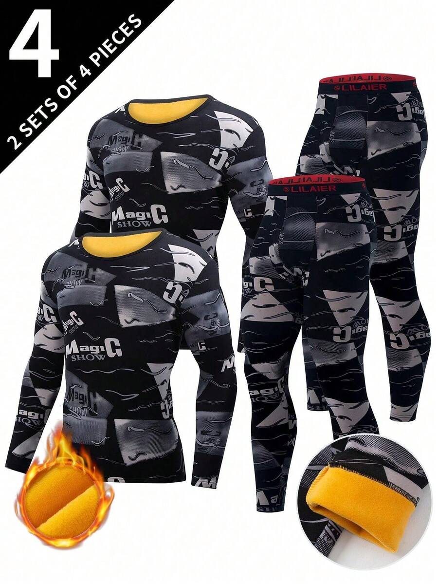 4pcs/Set Men's Thermal Underwear Set, Fashionable Casual Base Layer Clothing For Autumn/Winter - Black - View 1