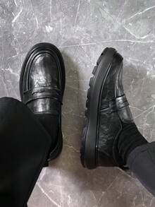 ZCZ Men's Textured Slip‑On Loafers, Strap Decoration Chunky Platform Sole Casual Shoes - Black - View 2