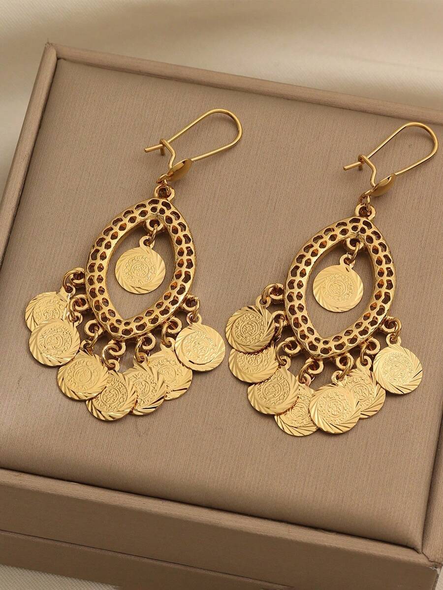 2pcs Vintage Coin Earrings Gold Plated Coin Pendant Earrings Girls Earrings - Gold - View 1