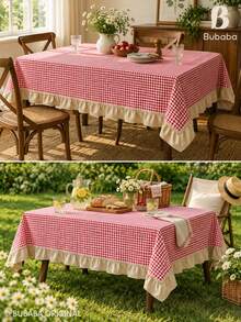 Bubaba 1pc Red Plaid Ruffle Edge Tablecloth, Vintage Country Christmas Rectangular Dining Tablecloth, Beige Ruffle Edge, Bohemian Kitchen Holiday Decor - Red - View 8
