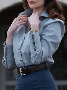 DONICY Women's Elegant Long Sleeve Shirt, Textured Fabric, Collared With Black Buttons And Slit Cuffs, Suitable For Office And Formal Occasions - Blue - View 4