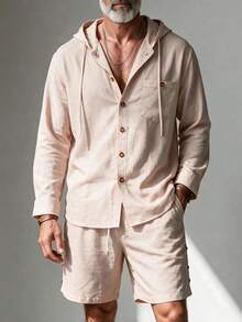 GOLDREDY Men's Fashion Classic Premium Clean-Cut Solid Color Hooded Long Sleeve Shirt With Diagonal Pocket Drawstring Design And Button Decor, Paired With Solid Color Shorts, Suitable For Daily Casual Fashion Minimalist Outings And Commuting, 2-Piece Set - Khaki - View 5