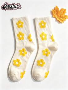 1 Pair Summer Yellow Floral Mid-Calf Socks For Women - Yellow - View 7