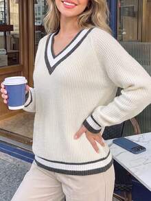 Women Fall White Contrast Trim V Neck Knit Sweater, Long Sleeve Loose Pullover Tops For Daily Campus Casual Outfits - Apricot - View 6