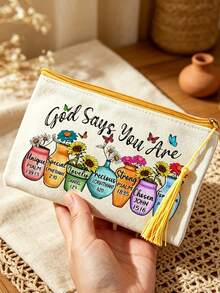 Canvas Zipper Makeup Bag, Printed With God's Blessing Message Pattern, Vase Flower Butterfly Pattern, Paired With Tassels, Can Be Used As Toiletry Bag,Travel Storage Bag,Stationery Bag,Reusable Cosmetic Organizer, Print Toiletry , A Gift From God - Multicolor - View 1