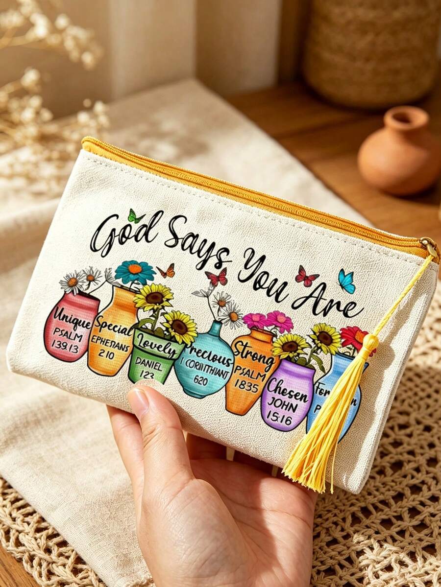 Canvas Zipper Makeup Bag, Printed With God's Blessing Message Pattern, Vase Flower Butterfly Pattern, Paired With Tassels, Can Be Used As Toiletry Bag,Travel Storage Bag,Stationery Bag,Reusable Cosmetic Organizer, Print Toiletry , A Gift From God - Multicolor - View 1