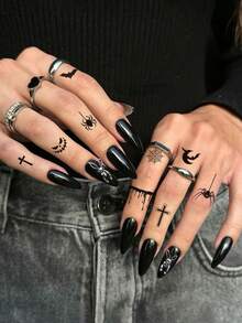 STARTTOOS 12PCS Halloween Black Skull Cross Spider Bat Ghost Pumpkin Pattern Temporary Waterproof Tattoo Stickers For Fingers, Arms, Collarbone, Shoulder, Neck, Behind Ears, Body - Black - View 3