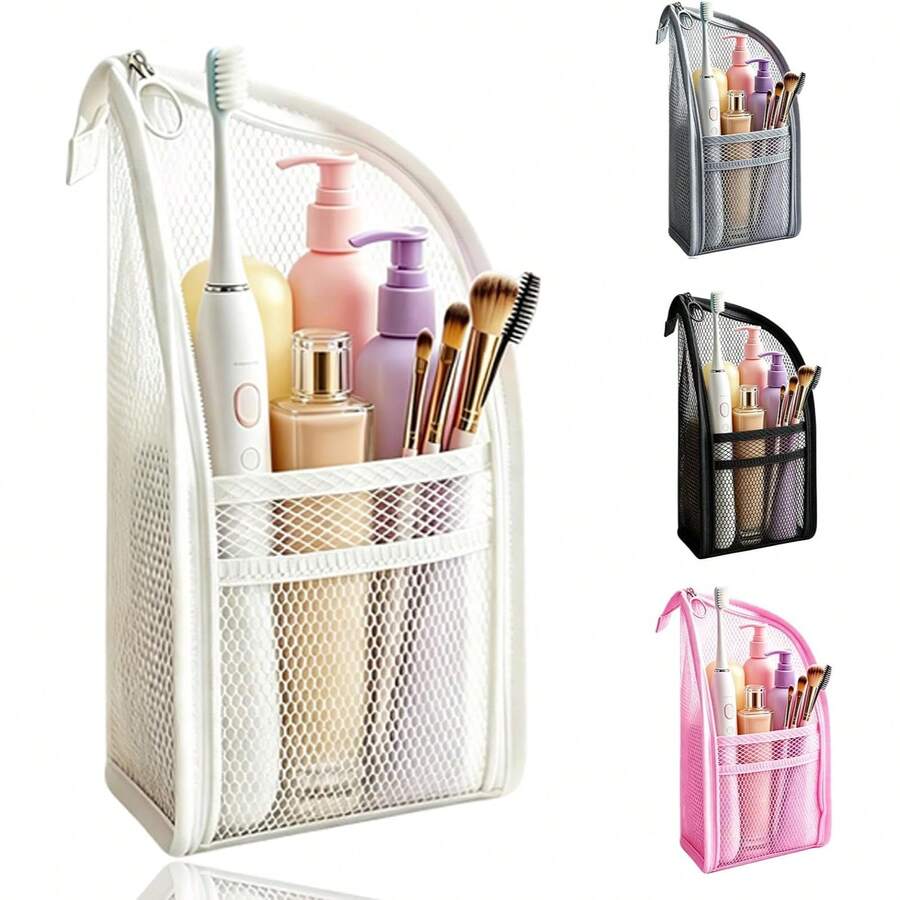 Portable Mesh Toiletry Bag, Standing Travel Cosmetic Organizer, Multi-Pocket Zipper Storage Bag, Suitable For Bathroom, Beach, Vacation Travel Essentials - Standard Model - View 1