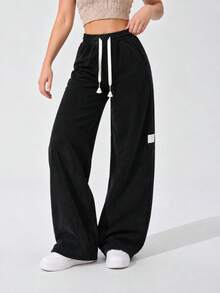 Women Black Ribbed Wide Leg Pants Elastic Drawstring Waist Relaxed Fit Casual Lounge Trousers For Everyday Wear. - Black - View 10