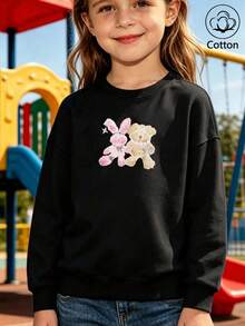 Cute Cartoon Rabbit & Bear Print Girls Sweatshirt, Round Neck Long Sleeve, Comfortable & Warm - Black - View 9