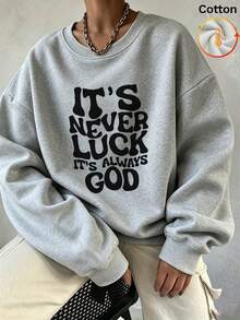 Women's Casual Loose Pullover Sweatshirt, Ribbed Knit Detail, Long Sleeve Crew Neck, Warm Lining Drop Shoulder Design, Comfortable For Daily Wear - Flower Gray - View 4