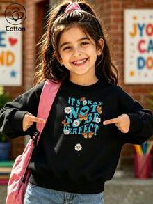Kids Casual Crewneck Sweatshirt With Letter Print, Daisy & Butterfly Motifs, Long Sleeve Pullover For Spring Autumn Daily Wear - Black - View 10