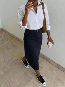 TALL Woman High Waist Solid Color Casual Straight Denim Midi Skirt - Black - View 3