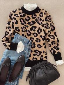 Women's Casual Fashion Leopard Print Contrast Color Loose Pullover Sweater, Long Sleeve Round Neck Loose Fit, Suitable For Daily Commute And Leisure - Multicolor - View 1