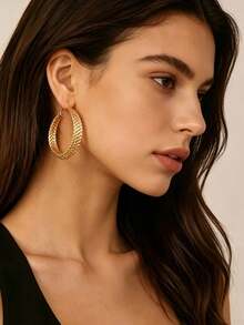 Gold Woven Texture Large Hoop Earrings, Chunky Braided Style Exaggerated Hoop Earrings For Women, Daily And Party Wear - Multicolor - View 12