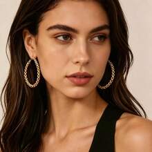 Gold Woven Texture Large Hoop Earrings, Chunky Braided Style Exaggerated Hoop Earrings For Women, Daily And Party Wear - Multicolor - View 13