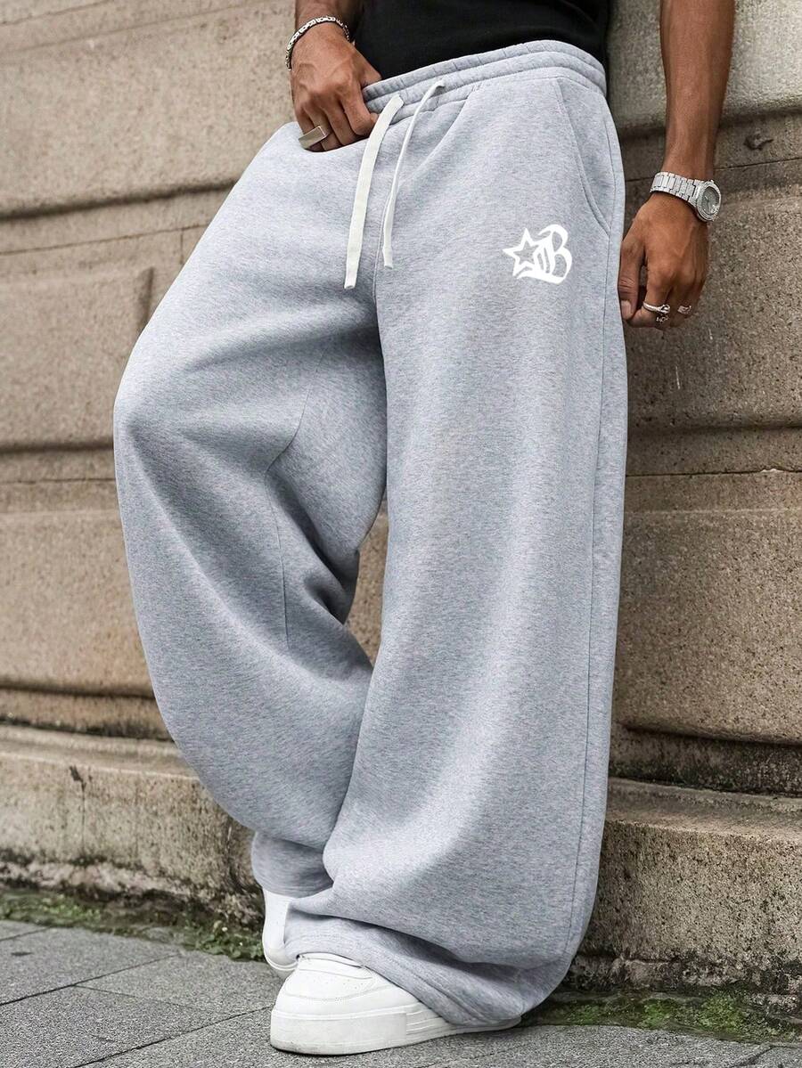 Men's Solid Color Drape Wide Leg Sweatpants, Drawstring High Waist Loose Straight Leg Floor Length Casual Sports Long Pants, Suitable For Outdoor Leisure - Light Grey - View 1