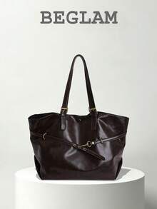 Tas Tote Bahu PU Warna Polos Modis, Dekorasi Tali, Cocok untuk Wanita Berbelanja, Bepergian, dan Penggunaan Sehari-hari - Kopi - View 1