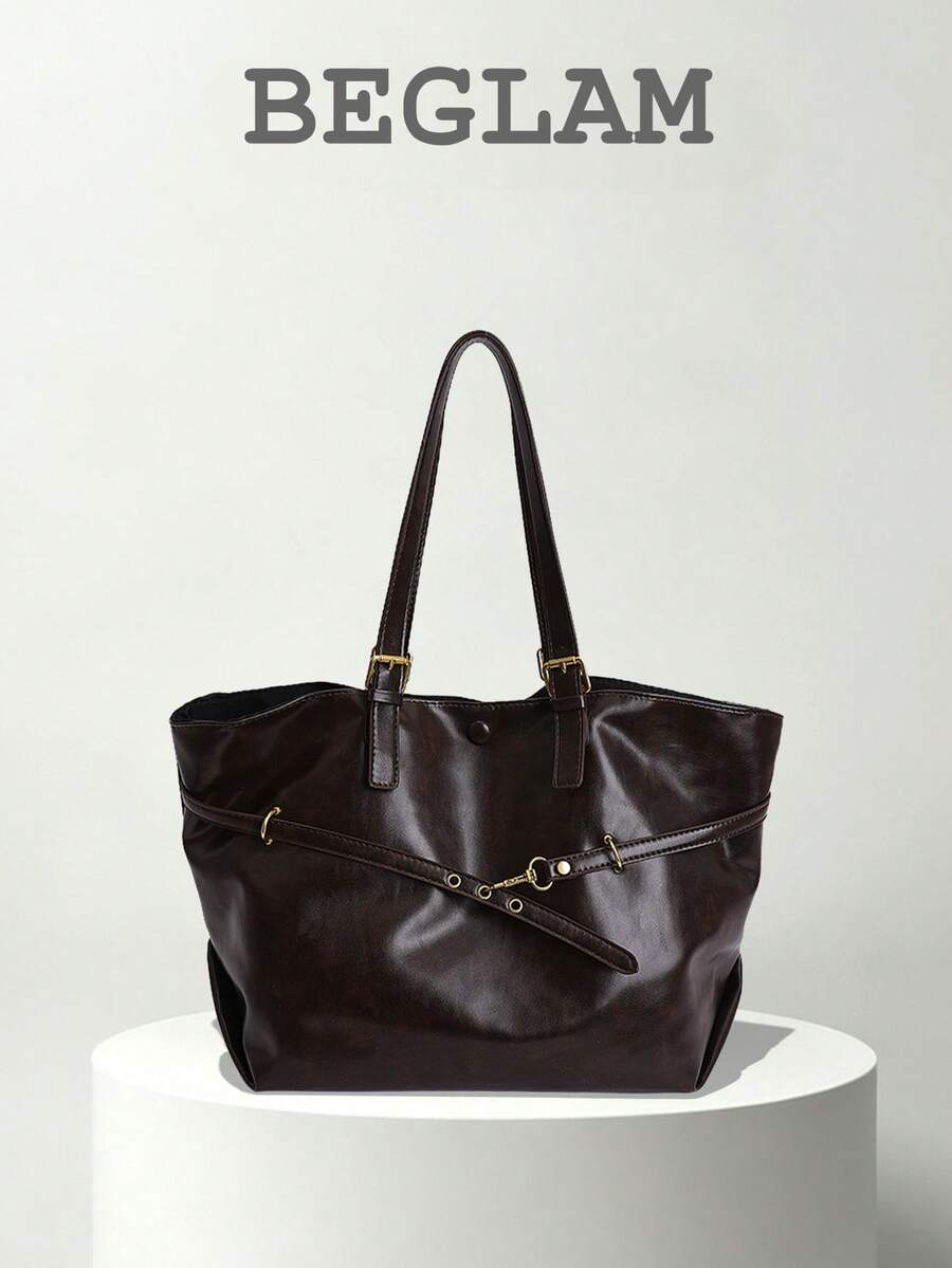 Tas Tote Bahu PU Warna Polos Modis, Dekorasi Tali, Cocok untuk Wanita Berbelanja, Bepergian, dan Penggunaan Sehari-hari - Kopi - View 1