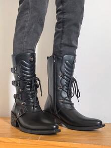 ZCZ Mid‑Calf Knight Boots With Multi‑Buckle Decor, Lace‑Up Side Zipper Chunky Heel Western Style Boots - Black - View 3