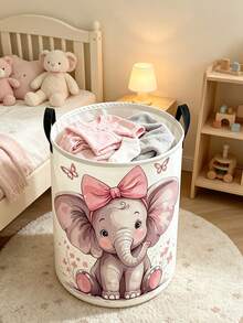 [Cute Elephant Storage Basket]Cute Elephant Laundry Basket, Foldable Round Storage Box With Sturdy Handle | Pink Bow And Butterfly, Soft Macaron Cartoon Design, Durable Storage Bin, Suitable For Game Room, Spring Cleaning, Lightweight, Suitable For Bedroom, Bathroom - Multicolor - View 7