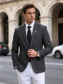 1pc Men's Herringbone Tweed Suit Jacket, Slim Fit Business Wedding Formal Blazer, Prom Party Old Money Style - Dark Grey - View 9