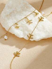 1PC Gold Airplane Necklace For Women, Rhinestone Inlaid Plane Charm Necklace With Faux Pearl, Minimalist Thin Chain Fashion Jewelry - Multi-element - View 1