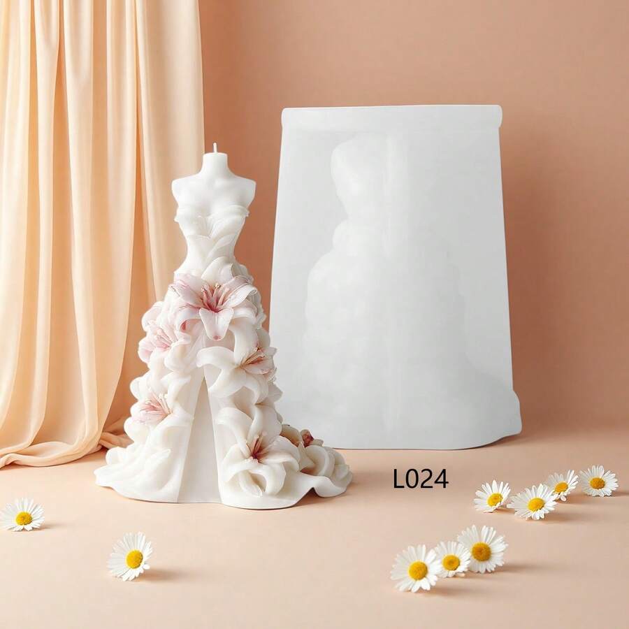 قالب سيليكون لصنع شموع فستان زهرة الزنبق DIY للزفاف وأعياد الميلاد، قالب زينة فستان الشمع - فستان بنقشة زهور الزنبق - مشاهدة 1