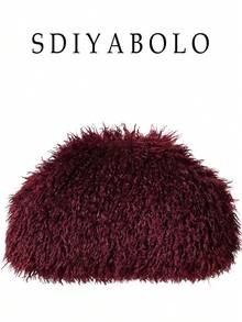 Tas Clutch Awan Wanita Warna Polos Bulu Imitasi Keriting Panjang Penutup Magnet Portabel Gaya Avant-Garde Y2K Cocok Untuk Pesta Kencan Musim Gugur Musim Dingin - Burgundy - View 1