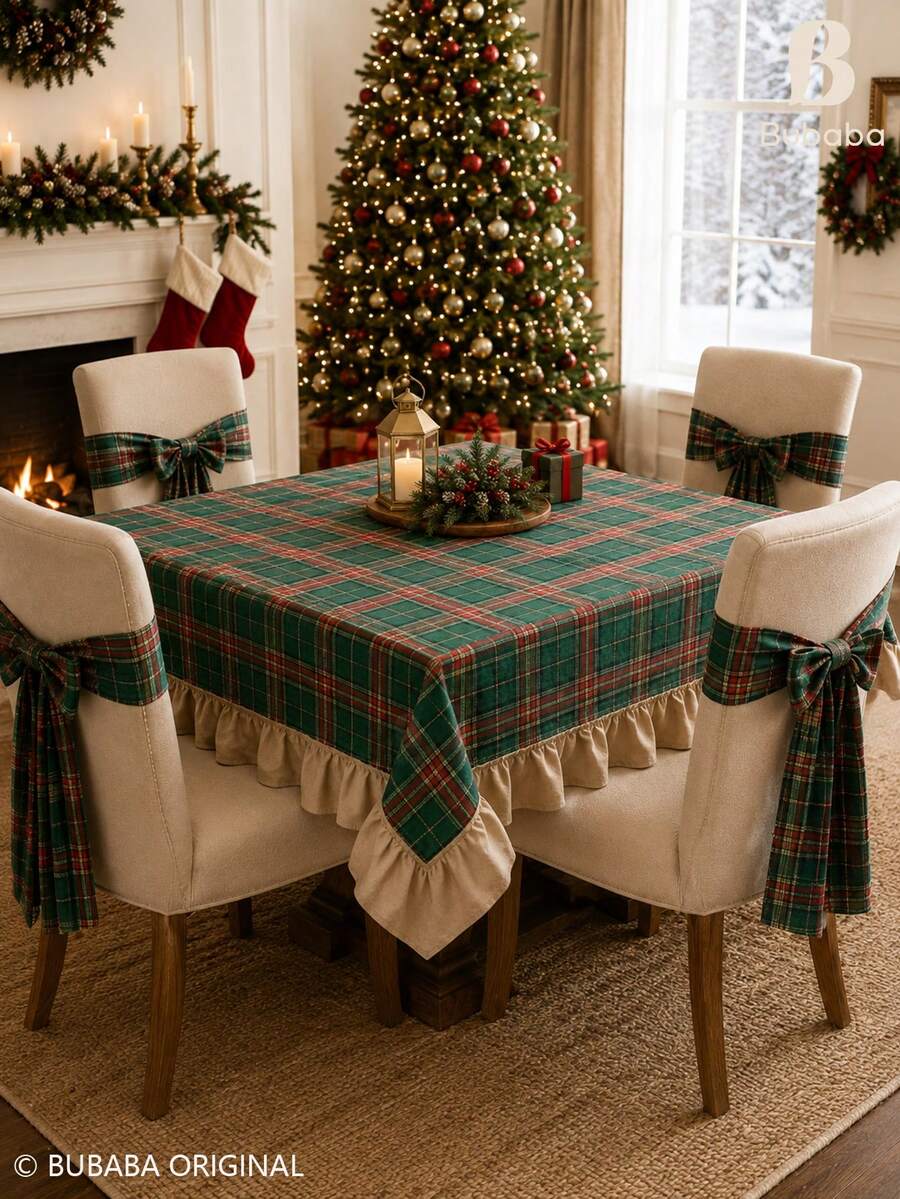5pcs Set (1pc 150cm Width Square Tablecloth + 4pcs Bowknot Straps) Vintage Christmas Red Plaid Round Tablecloth With Beige Ruffle Edge, Farmhouse Style Holiday Dining Table Decor, Suitable For Christmas Party, Kitchen And Home - Green - View 1
