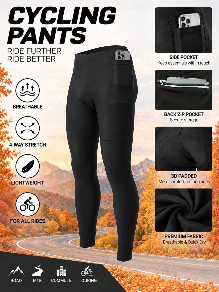 Men's Bike Pants With 3D Padding, Lightweight Breathable Cycling Tights With Side Pocket And Zipper Pocket - Black - View 1
