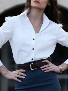 DONICY Blus Lengan Panjang Elegan untuk Wanita, Bahan Kain Halus, Desain Kancing Hitam Berkerah, Manset Terpisah, Cocok untuk Kantor dan Acara Formal - Putih - View 5