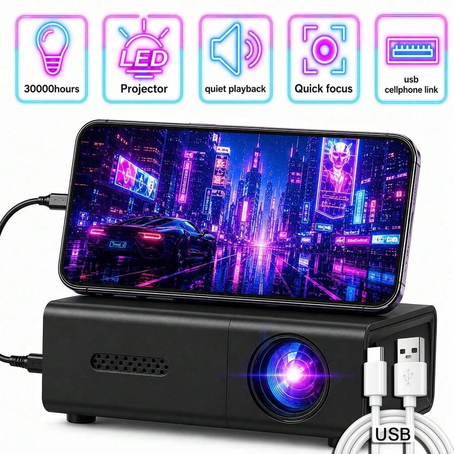2026 Upgraded Portable Mini Projector, LCD Home Theater Projector, Built-In Speaker, Fast Focus, Compatible With Phone, Tablet, Laptop, TV Stick, USB Portable Projector, Suitable For Movies, Games, Presentations, Home Entertainment, Outdoor Parties - Black - View 1