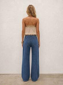 Women Washed Straight‑Leg Jeans With Slant Pockets & Metal Rivets, Heavy‑Duty Punk Western Retro Style, Comfortable. Music Festival, Fits All Figures - Blue - View 8
