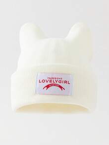 1pc Women's Fashion Solid Color Cute Cat Ear Design Fabric Label Beanie Knit Hat, Suitable For Autumn/Winter Warmth, Daily Wear And Outfits - A - View 2