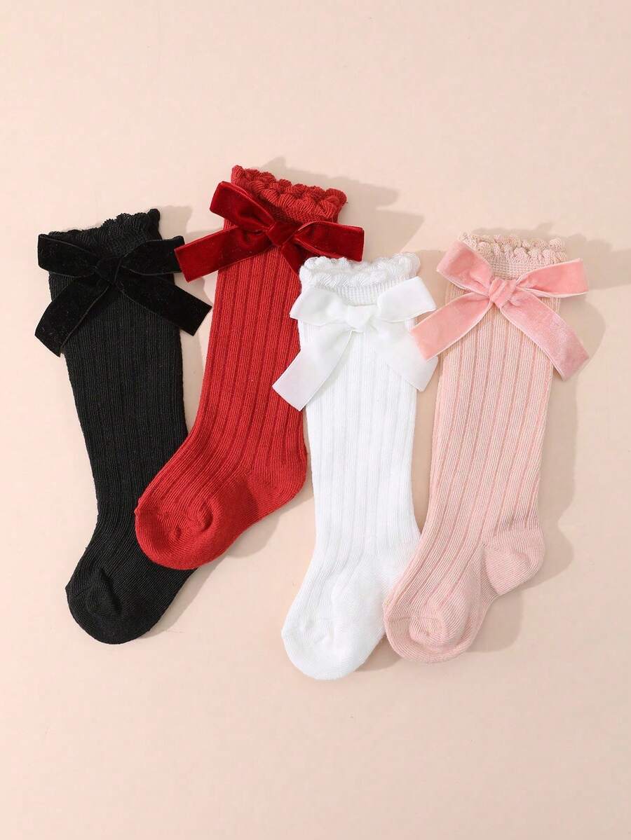 4 Pairs Sweet Cute Solid Color Bow Bubble Cuff High Tube Socks For Baby Girls, Suitable For Daily Wear