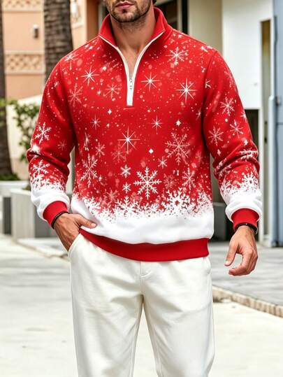Men's Holiday Snowflake Pattern Half-Zip Sweatshirt, Red & White Gradient Christmas Pullover, Warm Casual Long Sleeve Top, Suitable For Christmas Party