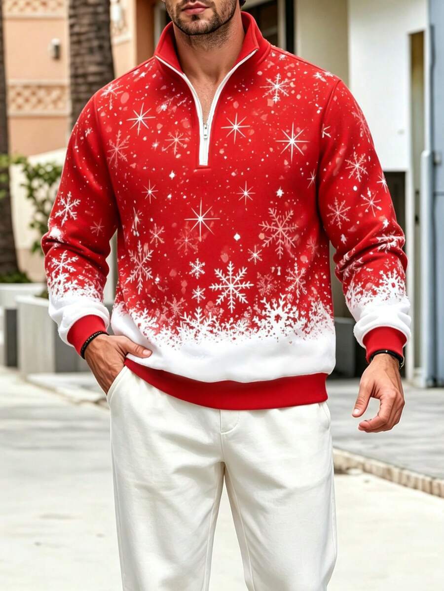 Men's Holiday Snowflake Pattern Half-Zip Sweatshirt, Red & White Gradient Christmas Pullover, Warm Casual Long Sleeve Top, Suitable For Christmas Party - Red - View 1